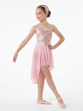 Glamour Pink Lyrical Dance Costume Dress Floral Appliqué SC Solo Costume